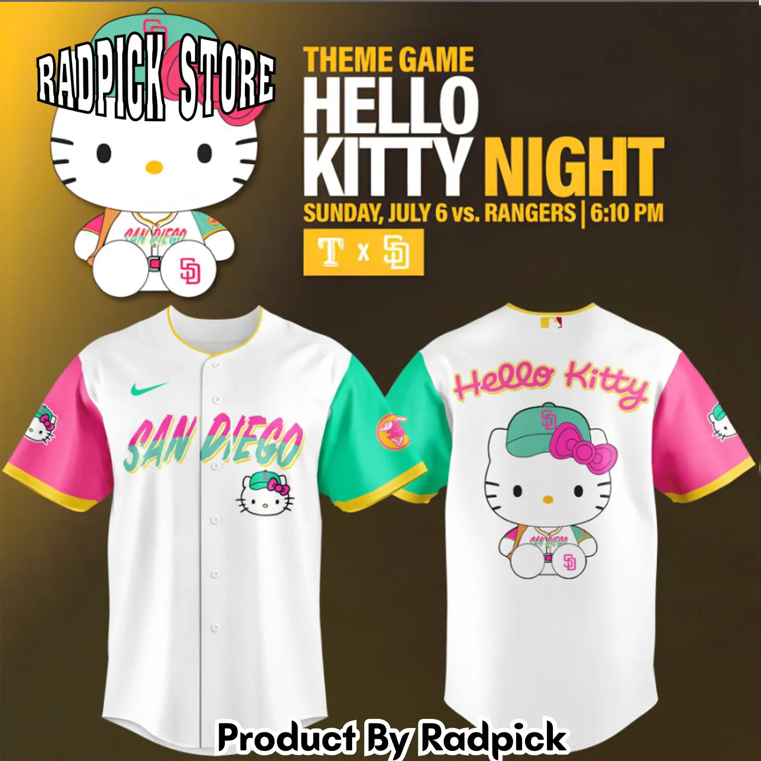 Radpick san diego padres x hello kitty night new v2 baseball jersey rp127157